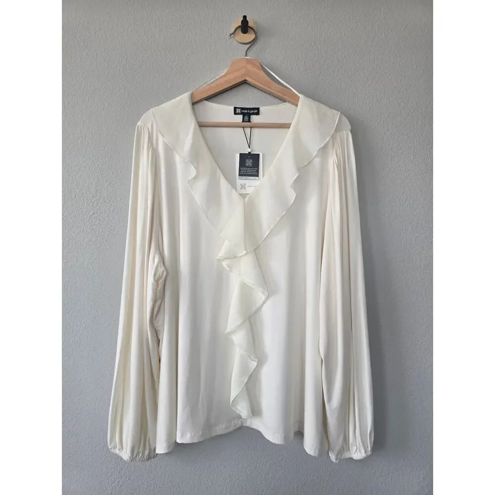 NWT Cable & Gauge 3X White Ruffle V Neck Blouse Plus Size Career Top Minimalist - Picture 2 of 7